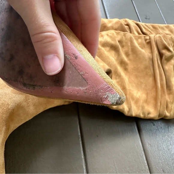 Amina Muaddi Jahleel Over the Knee Ruched Pointed Toe Stiletto Tan Suede Slouch - Picture 6 of 7